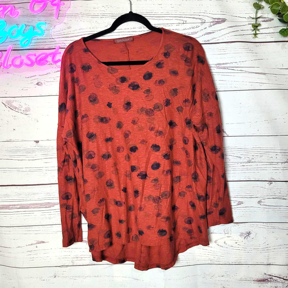 Cut Loose‎ Brown Black Spotted Lagenlook Long Sleeve Linen Blend Top Size S/M